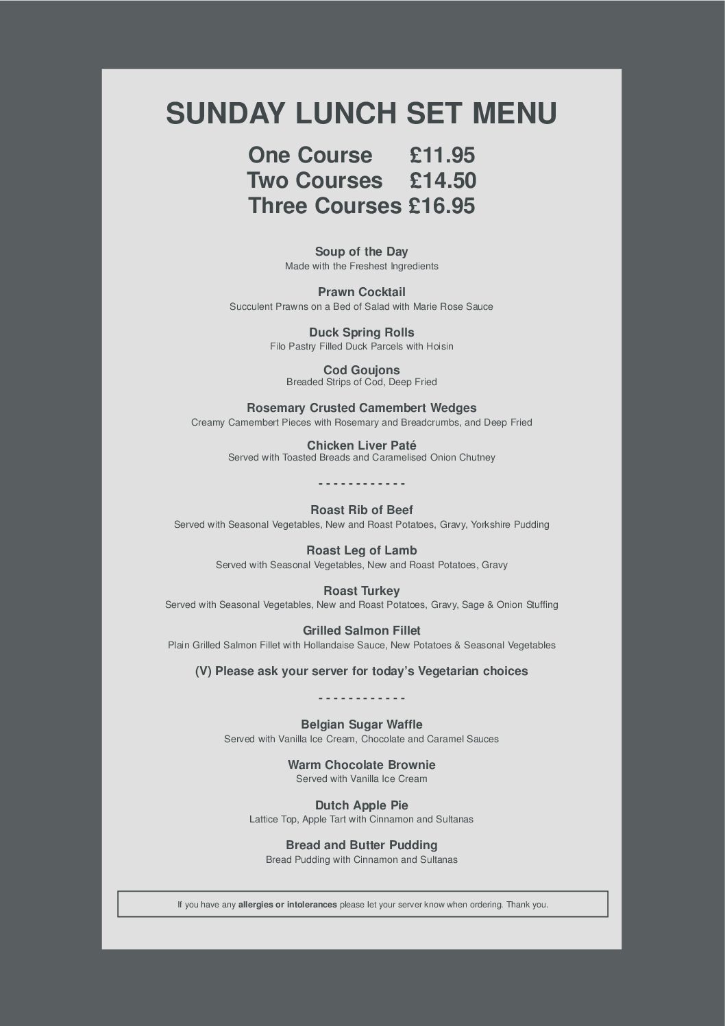 SUNDAY SET PRICE MENU | The Bears Paw Inn